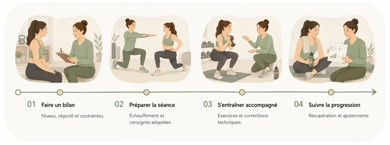 Infographie Holia illustrant les quatre étapes d’un coaching sportif, du bilan initial à l’ajustement de la progression.