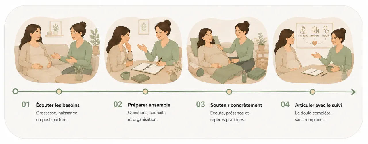 Infographie Holia illustrant les quatre temps d’un accompagnement avec une doula, de l’écoute des besoins à la préparation et au soutien.