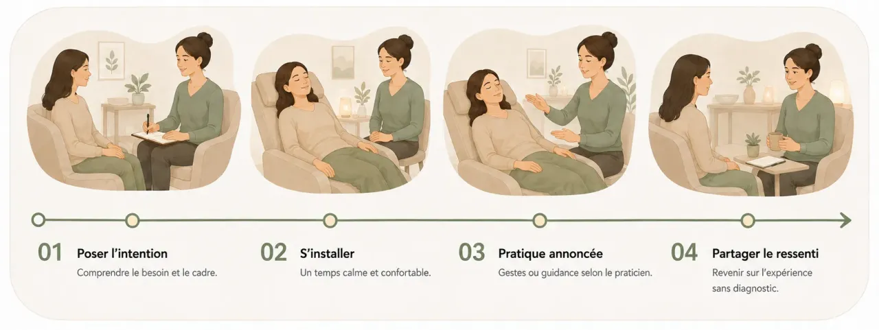 Infographie Holia illustrant les quatre temps possibles d’une séance avec un énergéticien, de l’échange initial au retour sur le ressenti.