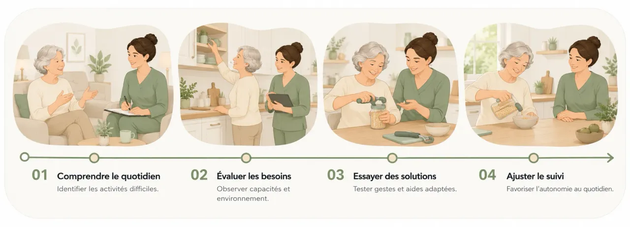 Quatre étapes illustrées en ergothérapie : comprendre le quotidien, évaluer les besoins, essayer des solutions et ajuster le suivi.