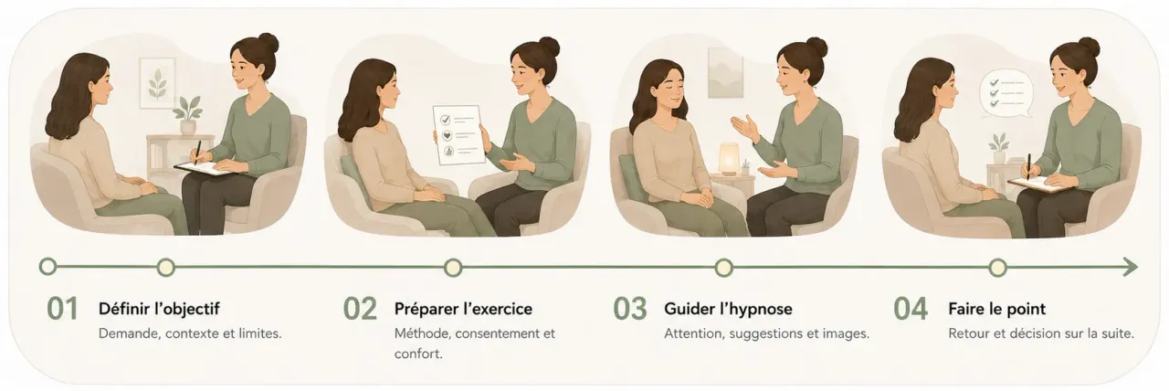Infographie Holia illustrant les quatre temps d’une séance d’hypnose, de la définition de l’objectif au retour de séance.