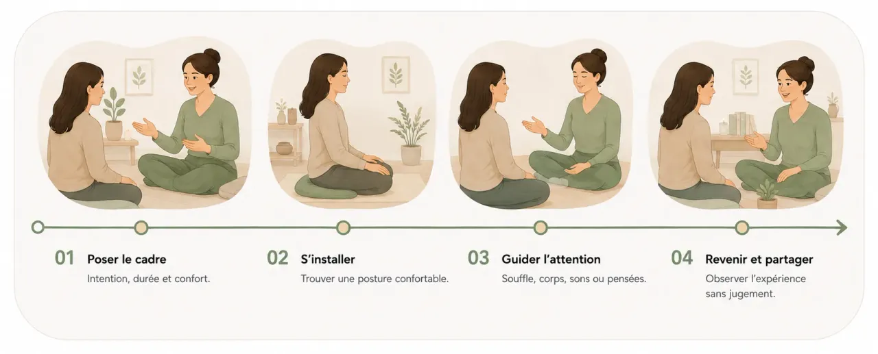 Infographie Holia illustrant les quatre temps d’une séance guidée de méditation, de l’installation au retour sur l’expérience.
