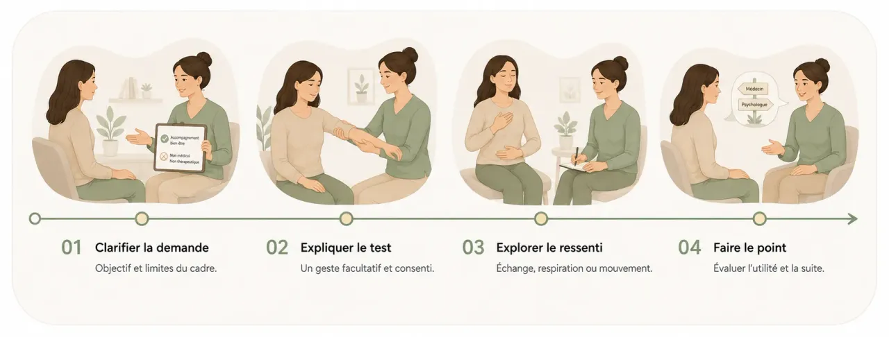 Infographie Holia illustrant une séance de kinésiologie bien-être, de la clarification de la demande au bilan final.