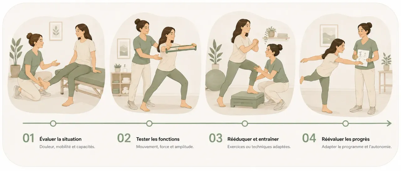 Infographie Holia illustrant les quatre temps d’une séance de kinésithérapie, du bilan fonctionnel aux exercices et à leur réévaluation.