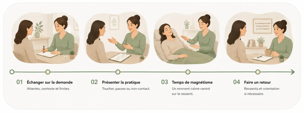 Infographie Holia illustrant un déroulé prudent d’une séance de magnétisme, de l’échange préalable au retour final.