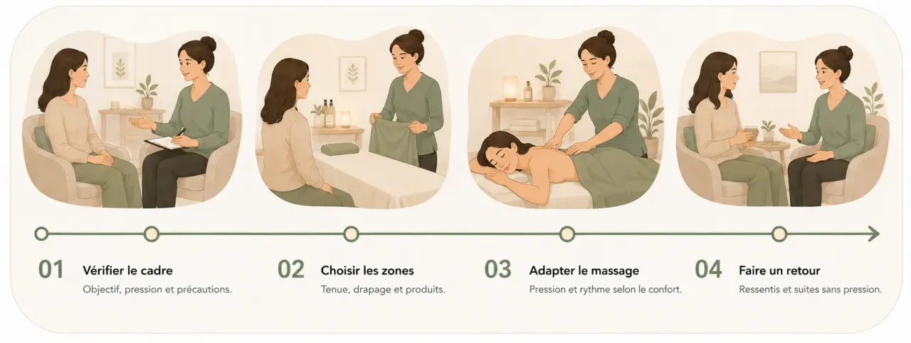 Infographie Holia illustrant les quatre temps d’un massage bien-être, de l’accord sur le cadre au retour de fin de séance.
