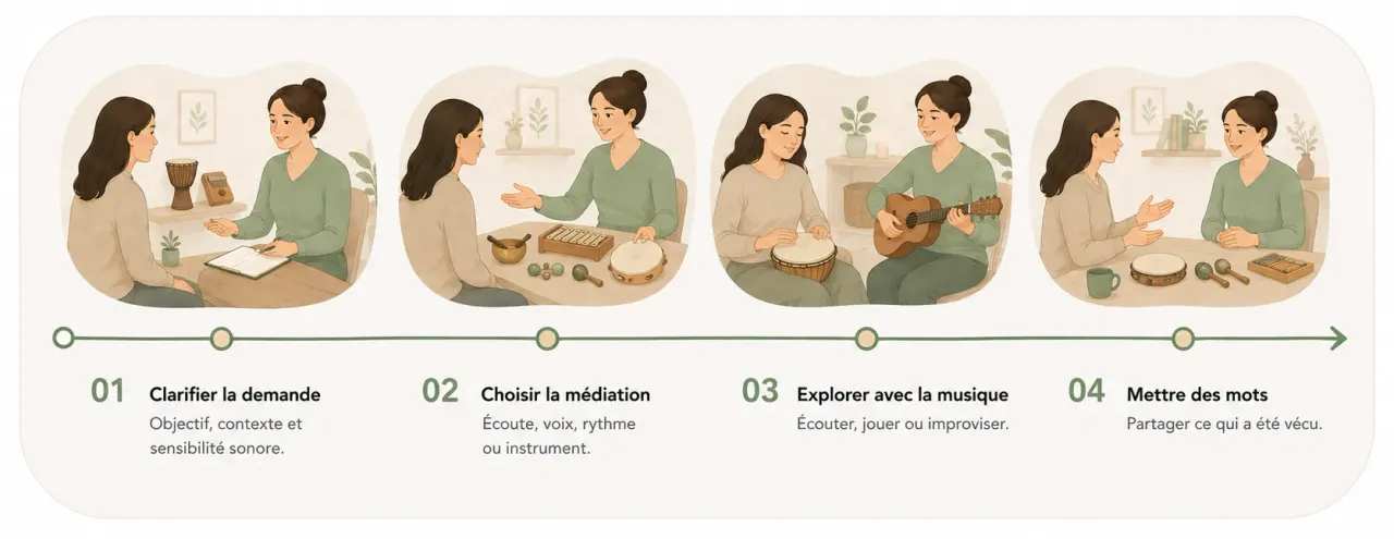 Infographie Holia illustrant les quatre temps d’une séance de musicothérapie, de l’échange initial à la mise en mots de l’expérience.
