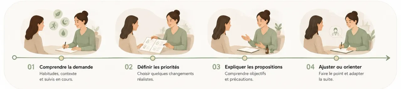Infographie Holia illustrant les quatre temps d’une consultation chez un naturopathe, de l’échange initial à l’ajustement du suivi.