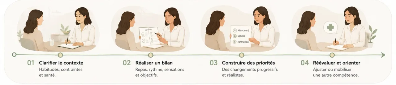 Infographie Holia illustrant les quatre temps d’une consultation en nutrition, du contexte initial au suivi personnalisé.