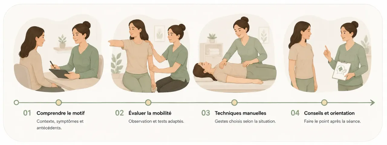 Infographie Holia illustrant les étapes courantes d’une consultation d’ostéopathie, de l’entretien aux conseils de fin de séance.