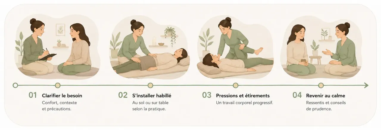 Infographie Holia illustrant les quatre temps d’une séance de shiatsu, de l’échange préalable au retour après les pressions manuelles.