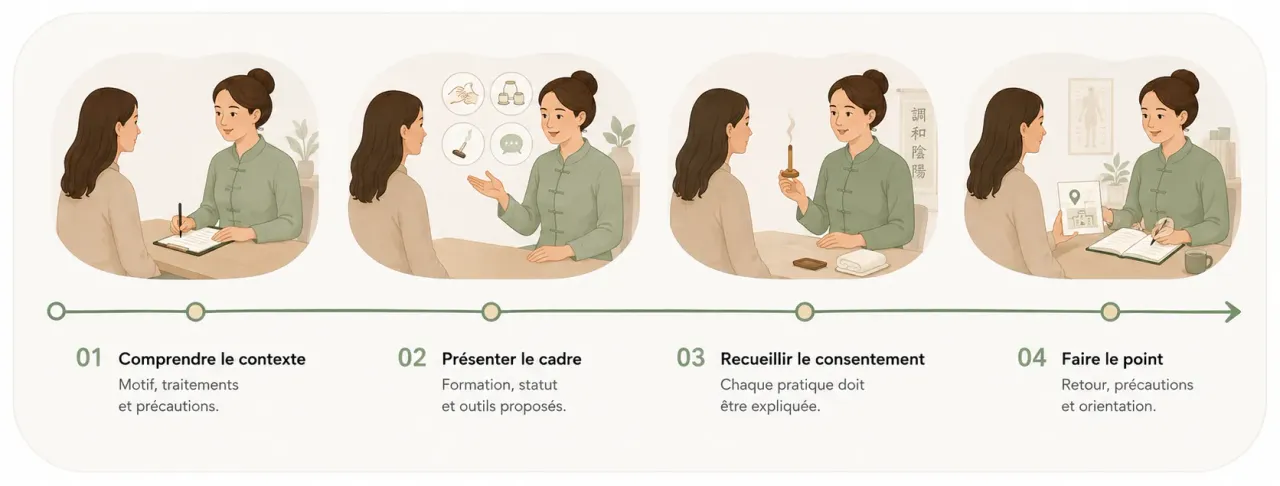 Infographie Holia illustrant les étapes d’un premier rendez-vous avec un praticien en médecine traditionnelle chinoise, du contexte de santé au retour.