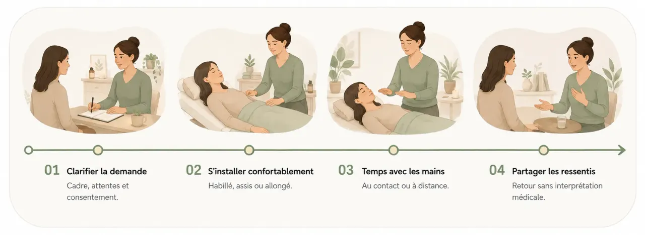 Infographie Holia illustrant les quatre temps d’une séance de Reiki, de l’échange préalable au retour sur les ressentis.