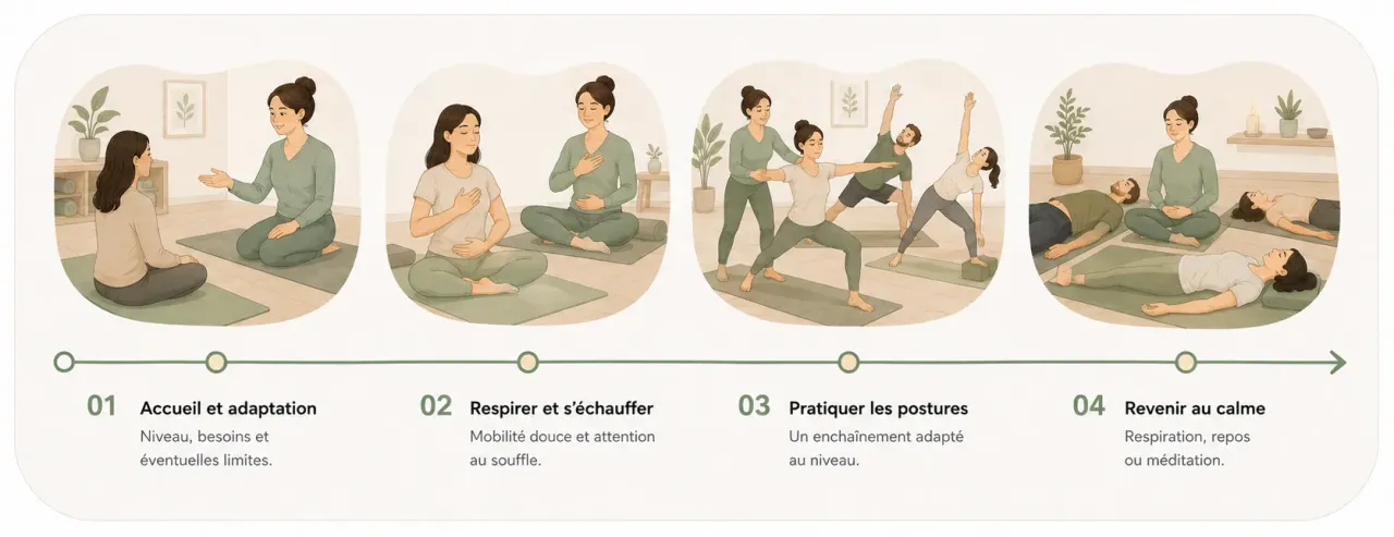 Infographie Holia illustrant les quatre temps d’un cours de yoga, de l’accueil à la pratique des postures et au retour au calme.