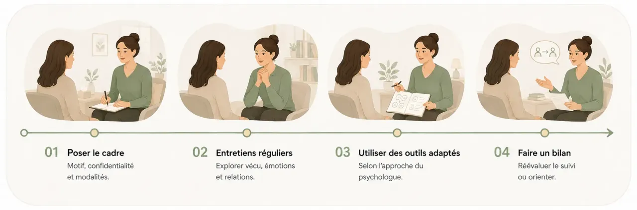 Infographie Holia illustrant les quatre temps possibles d’un suivi avec un psychologue, du premier contact au bilan.