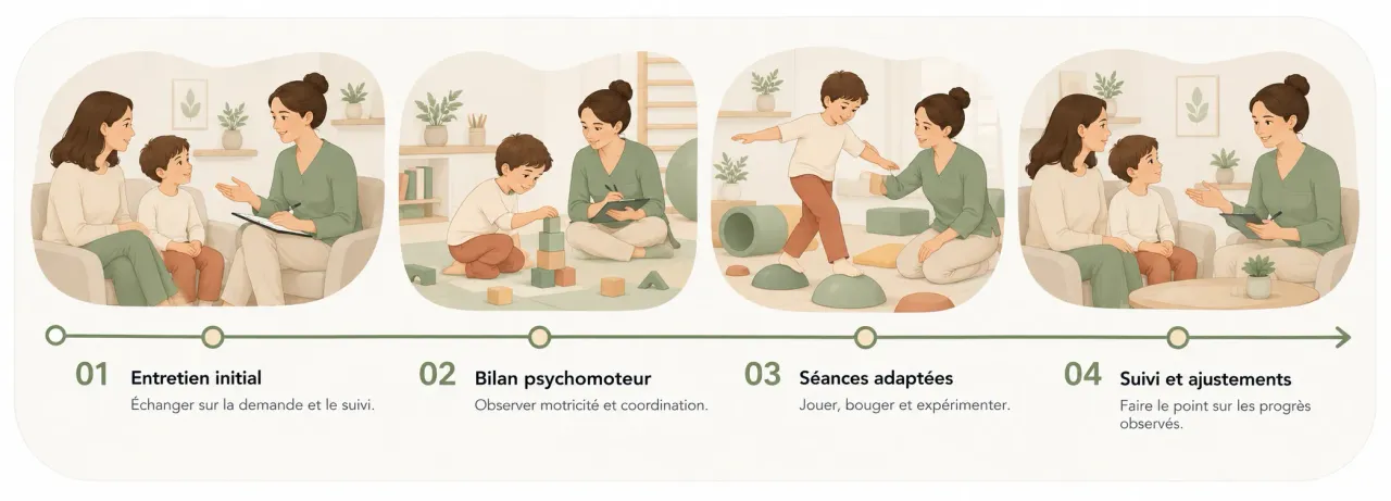 Quatre étapes illustrées d’un suivi psychomoteur de l’enfant : entretien initial, bilan psychomoteur, séances adaptées et suivi avec ajustements.
