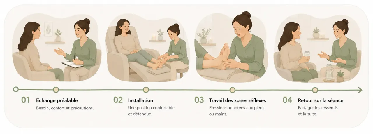 Infographie Holia illustrant les quatre temps d’une séance de réflexologie, de l’échange initial au retour sur les ressentis.