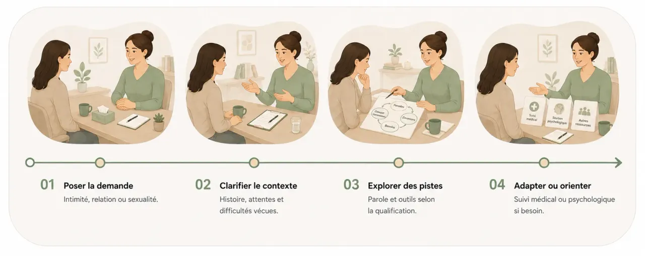 Infographie Holia illustrant les quatre temps d’une consultation en sexologie, de la demande initiale à l’orientation éventuelle.