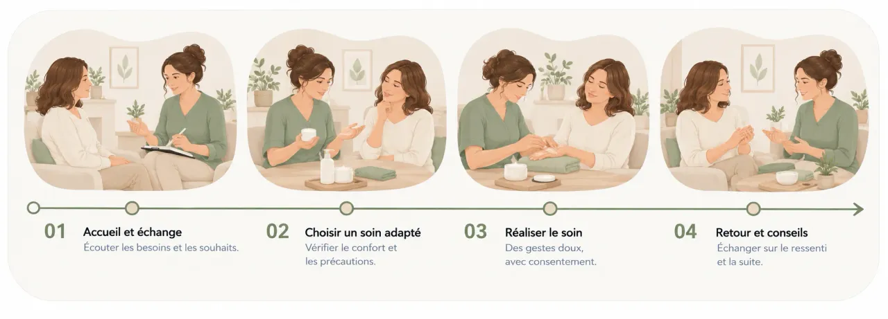 Quatre étapes d’une séance de socio-esthétique : accueil et échange, choix d’un soin adapté, réalisation du soin et retour avec conseils.