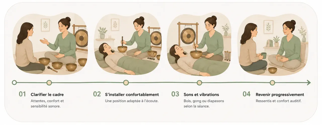 Infographie Holia illustrant les quatre temps d’une séance de sonothérapie, de la présentation des instruments au retour sur les ressentis.