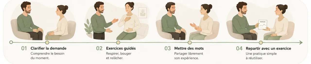 Infographie Holia illustrant les quatre temps d’une séance de sophrologie, de la demande initiale à la pratique à refaire chez soi.
