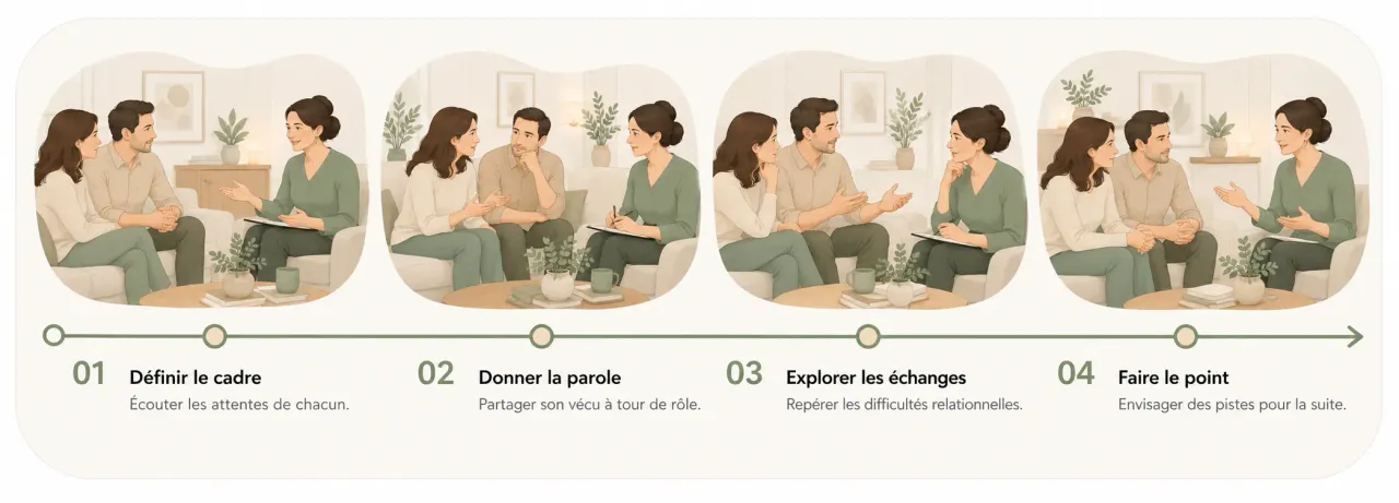 Quatre étapes d’une séance de thérapie de couple : définir le cadre, donner la parole à chacun, explorer les échanges et faire le point.