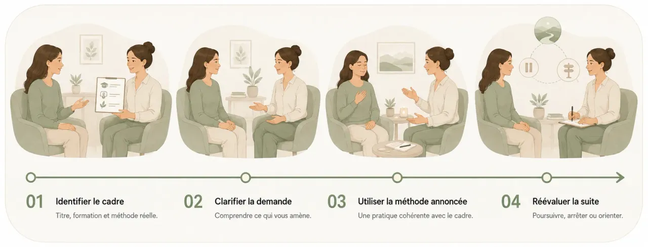 Infographie Holia illustrant un déroulé générique de séance avec un thérapeute, en insistant sur le cadre et la méthode réellement annoncés.