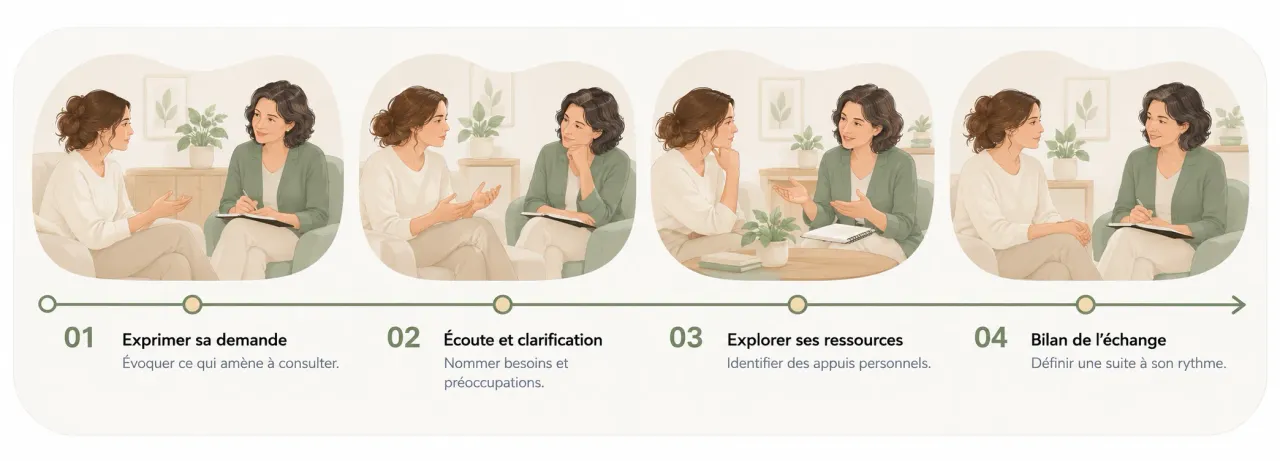 Quatre étapes d’un entretien en relation d’aide : exprimer sa demande, clarifier ses besoins, explorer ses ressources et faire le bilan.