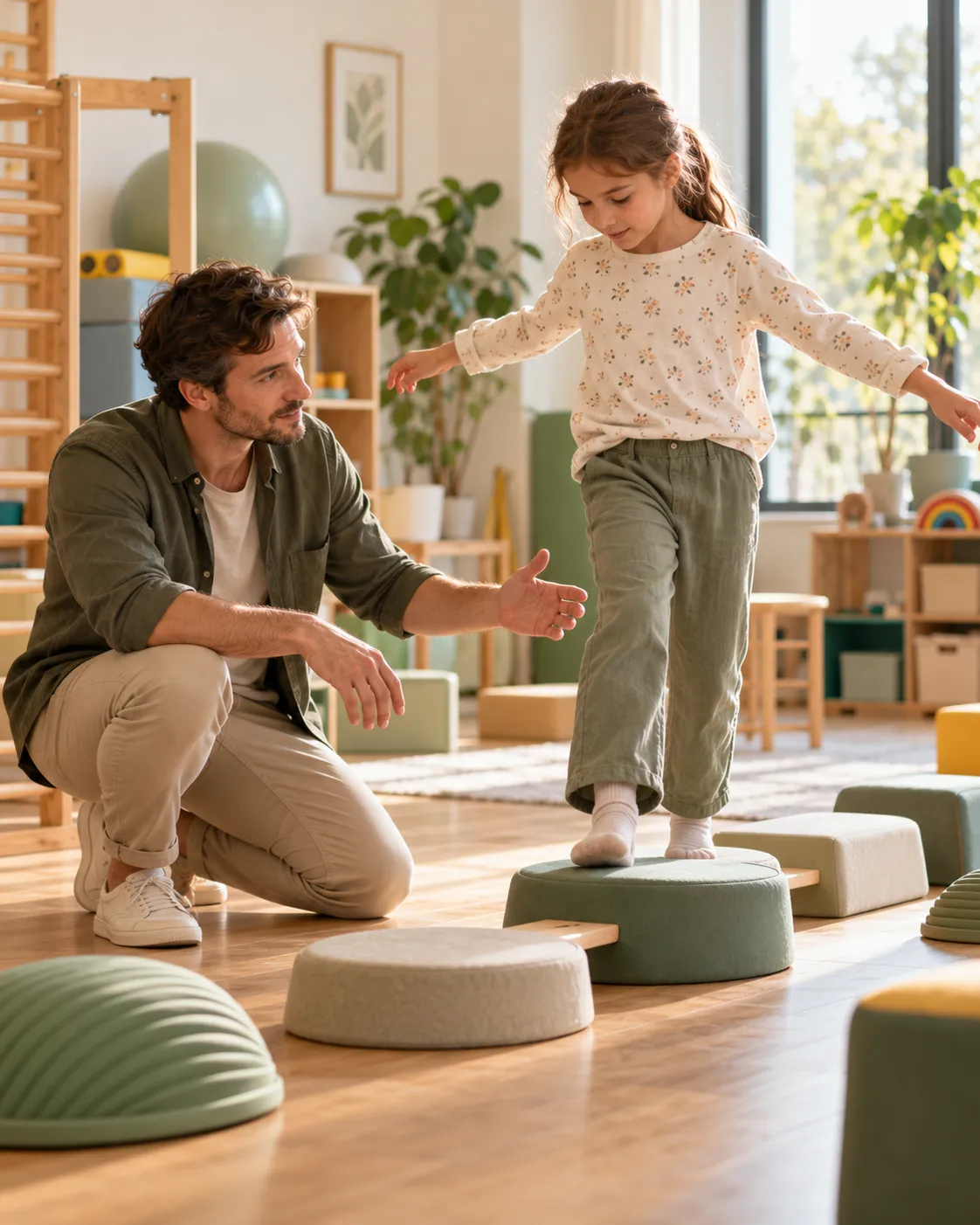 Un psychomotricien guide un enfant sur un petit parcours d’équilibre dans une salle de psychomotricité.
