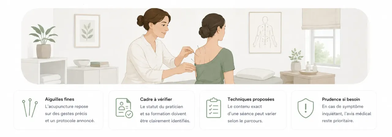Infographie Holia expliquant le rôle d’un acupuncteur : aiguilles fines, cadre d’exercice à vérifier, techniques proposées et précautions.