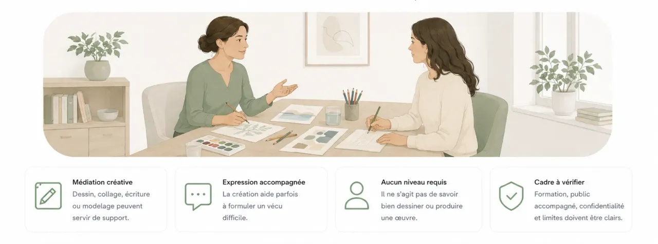 Infographie Holia expliquant le rôle d’un art-thérapeute : médiation créative, expression, cadre de séance et limites du praticien.