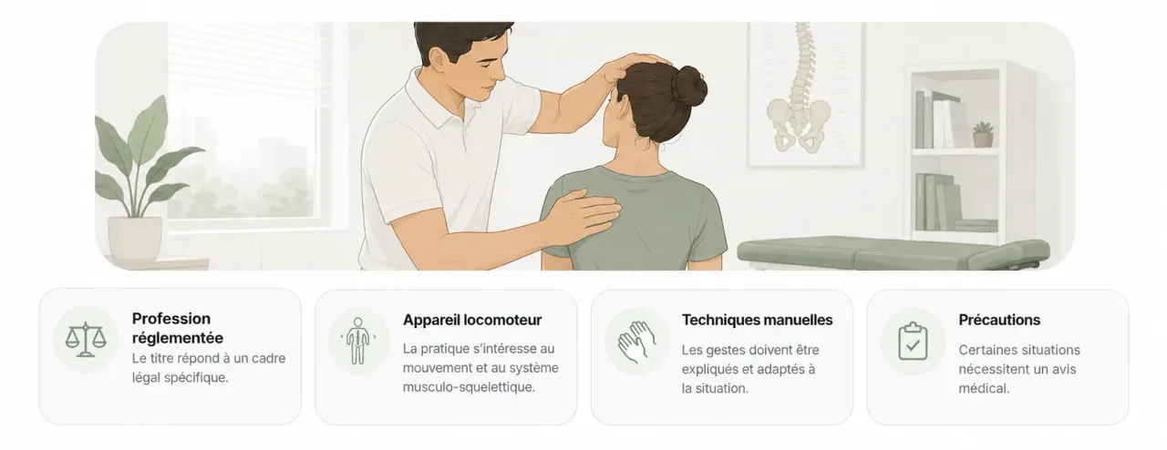 Infographie Holia expliquant le rôle d’un chiropracteur : profession réglementée, pratique manuelle, appareil locomoteur et précautions.