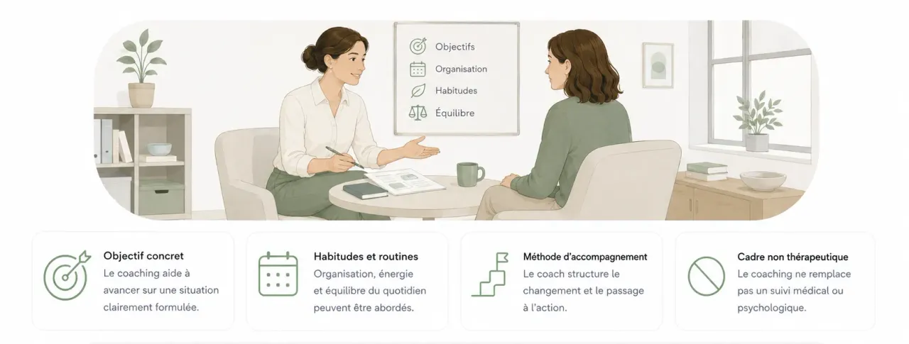 Infographie Holia expliquant le rôle d’un coach bien-être : objectifs concrets, habitudes, organisation du quotidien et cadre non thérapeutique.