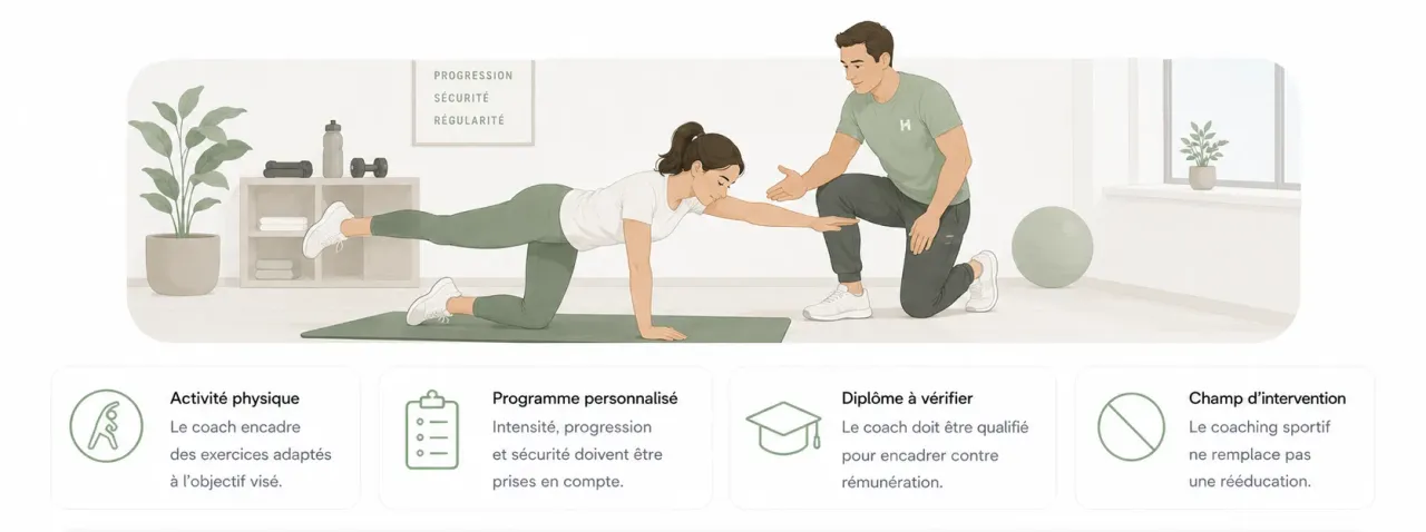 Infographie Holia expliquant le rôle d’un coach sportif : activité physique, programme adapté, diplôme et carte professionnelle.