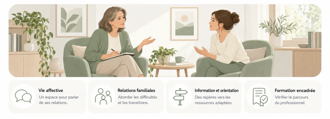 Conseillère conjugale et familiale en entretien individuel ; repères sur la vie affective, les relations familiales, l’orientation et la formation.