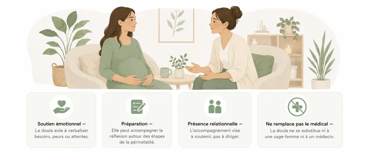 Infographie Holia expliquant le rôle d’une doula : soutien émotionnel, préparation à la périnatalité, présence relationnelle et non-substitution au suivi médical.
