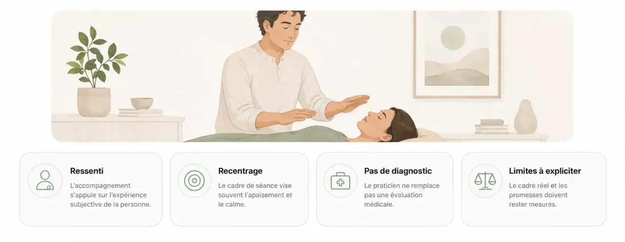 Infographie Holia expliquant le rôle d’un énergéticien : ressenti, relaxation, recentrage et absence de diagnostic médical.
