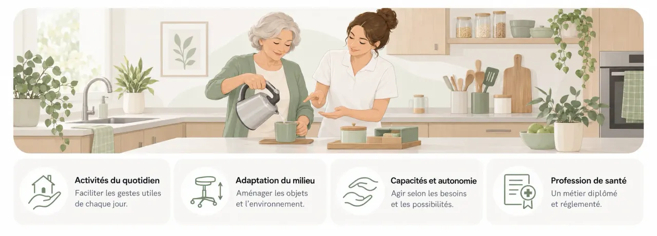 Ergothérapeute accompagnant une activité en cuisine ; repères sur les gestes du quotidien, les adaptations de l’environnement et l’autonomie.