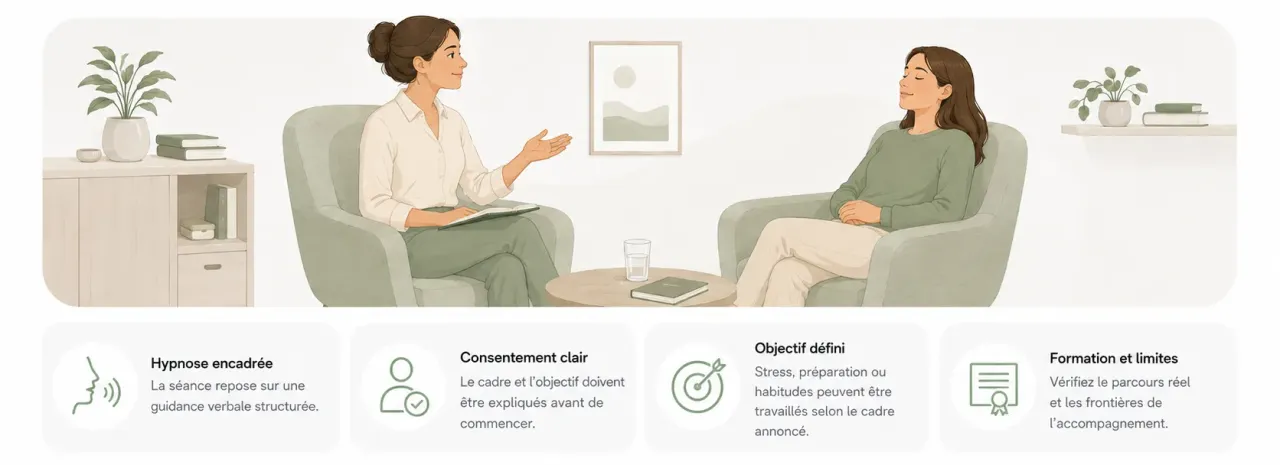 Infographie Holia expliquant le rôle d’un hypnothérapeute : hypnose encadrée, consentement, objectif défini et limites du praticien.
