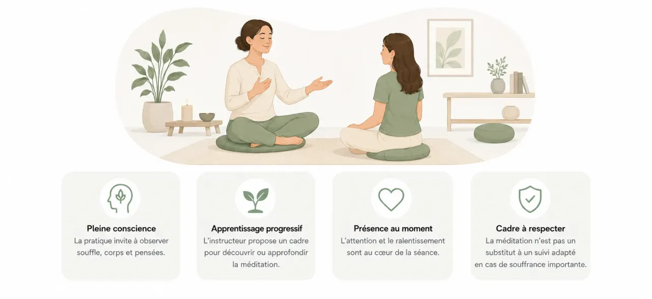 Infographie Holia expliquant le rôle d’un instructeur de méditation : pleine conscience, attention au souffle, pratique progressive et cadre d’accompagnement.