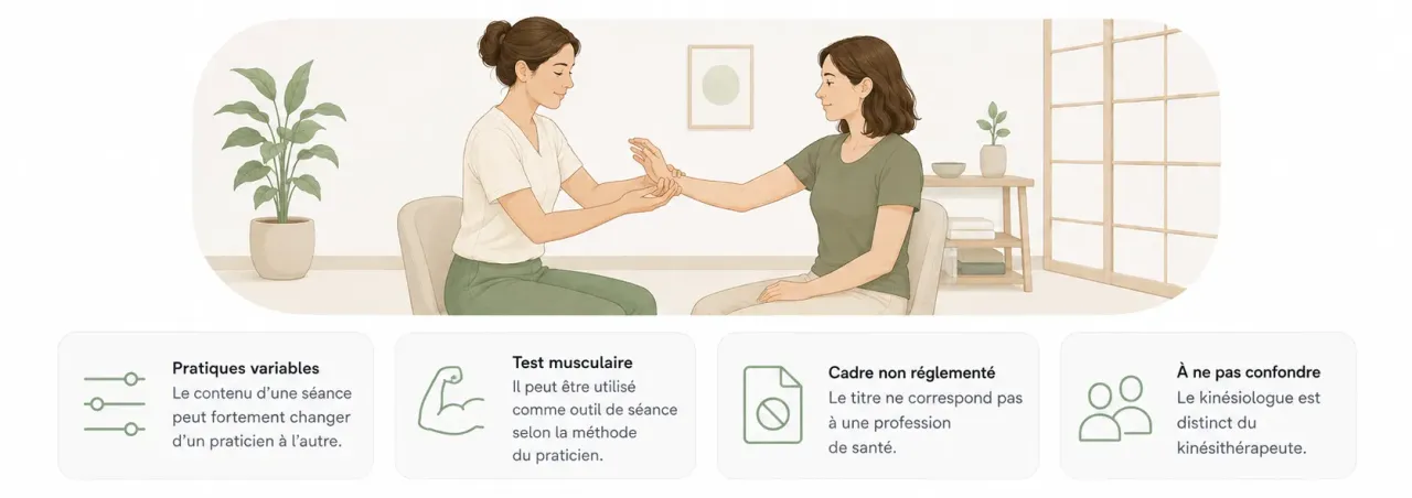 Infographie Holia expliquant le rôle d’un kinésiologue : pratiques variables, échange, test musculaire manuel parfois utilisé et distinction avec la kinésithérapie.