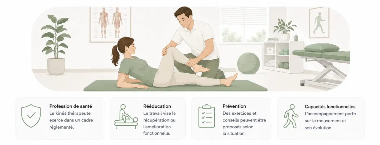 Infographie Holia expliquant le rôle d’un kinésithérapeute : profession de santé, rééducation, prévention et capacités fonctionnelles.