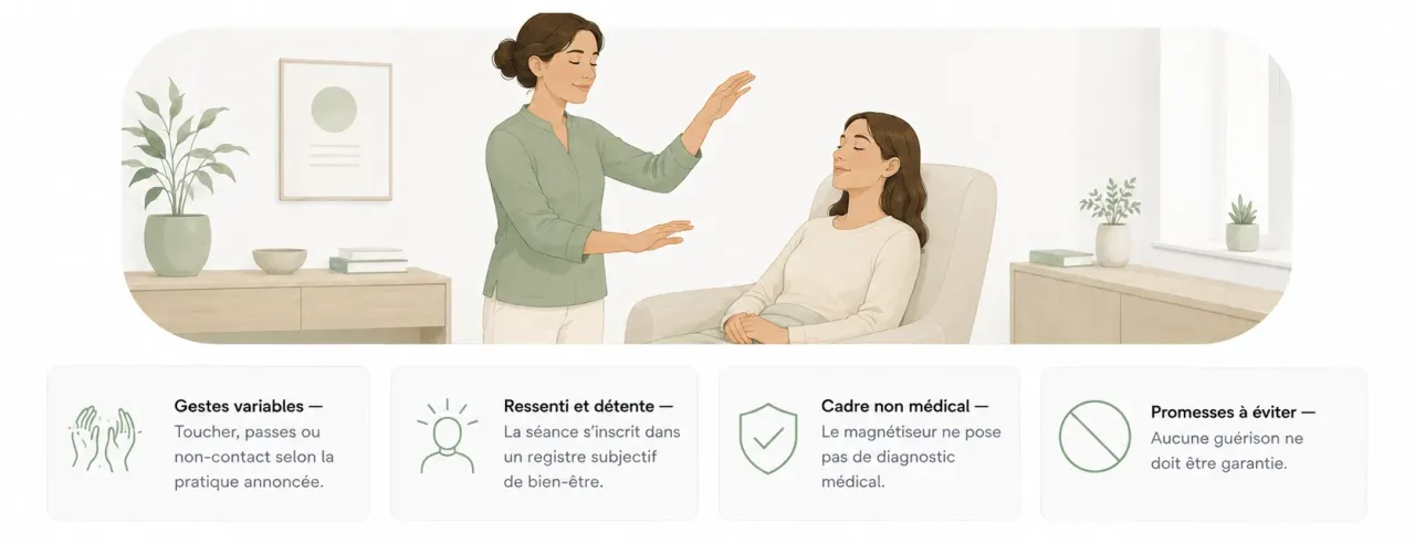 Infographie Holia expliquant le rôle d’un magnétiseur : passes, toucher ou non-contact, ressenti, détente et limites du cadre annoncé.