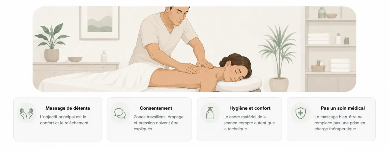 Infographie Holia expliquant le rôle d’un masseur bien-être : massage de détente, consentement, drapage, hygiène et limites.