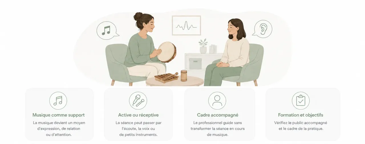 Infographie Holia expliquant le rôle d’un musicothérapeute : musique comme médiation, écoute, expression sonore et cadre d’accompagnement.