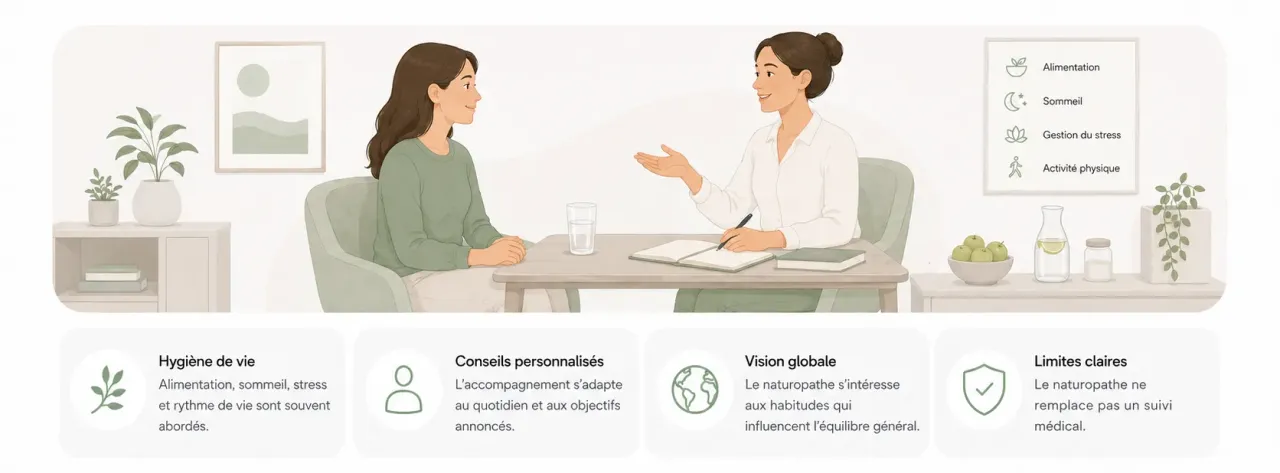 Infographie Holia expliquant le rôle d’un naturopathe : hygiène de vie, habitudes du quotidien, conseils personnalisés et limites hors cadre médical.