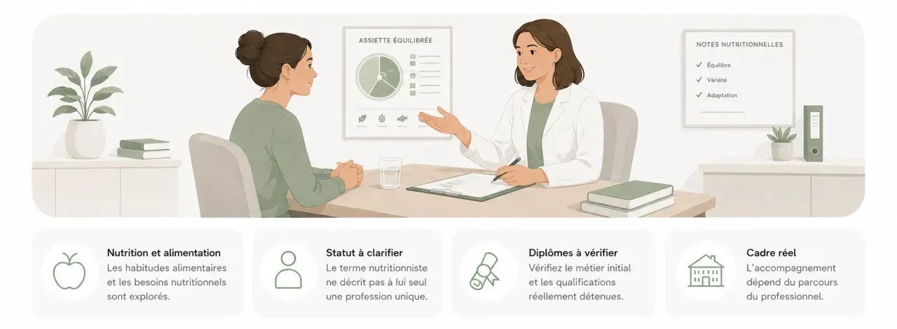 Infographie Holia expliquant le rôle d’un nutritionniste : alimentation, cadre professionnel, diplômes à vérifier et accompagnement nutritionnel.