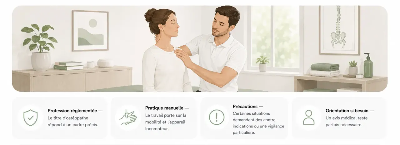 Infographie Holia expliquant le rôle d’un ostéopathe : profession réglementée, pratique manuelle, précautions et orientation si besoin.