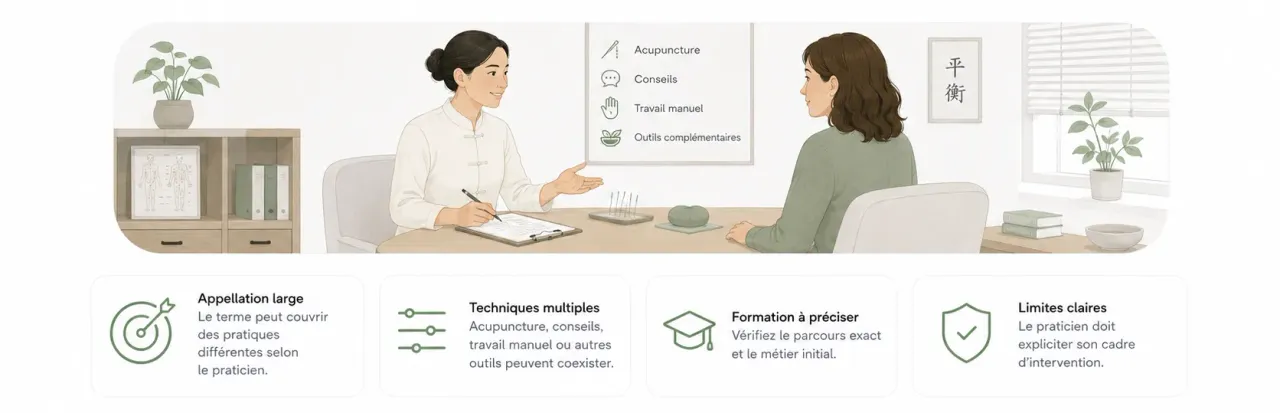 Infographie Holia expliquant le rôle d’un praticien en médecine traditionnelle chinoise : appellation large, techniques multiples, formation et limites.