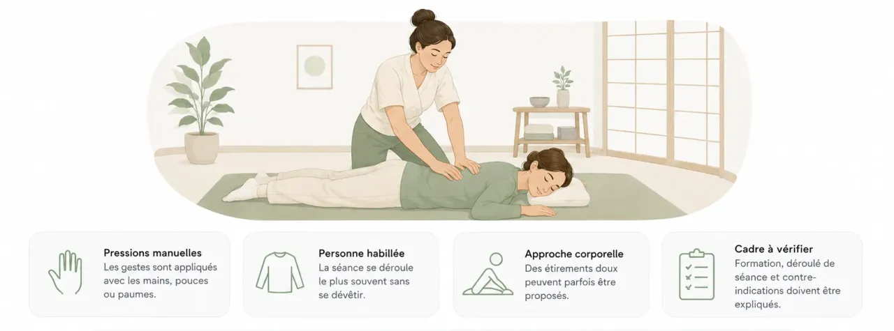 Infographie Holia expliquant le rôle d’un praticien en shiatsu : pressions manuelles, personne habillée, approche corporelle et limites.